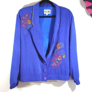 City Girl Vintage Jacket Embroidered Gold Trim 3 Button Blue Purple XL